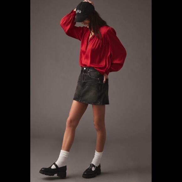 Anthropologie Relaxed Shimmer Blouse Red Satin Henley Button Front Popver Top XS - Picture 3 of 16